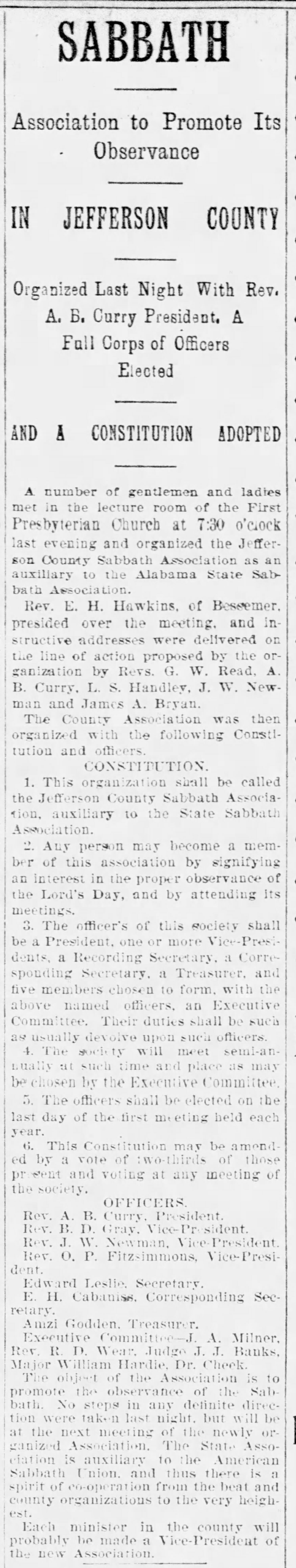 Sabbath Association To Promote Its Observance in Jefferson County